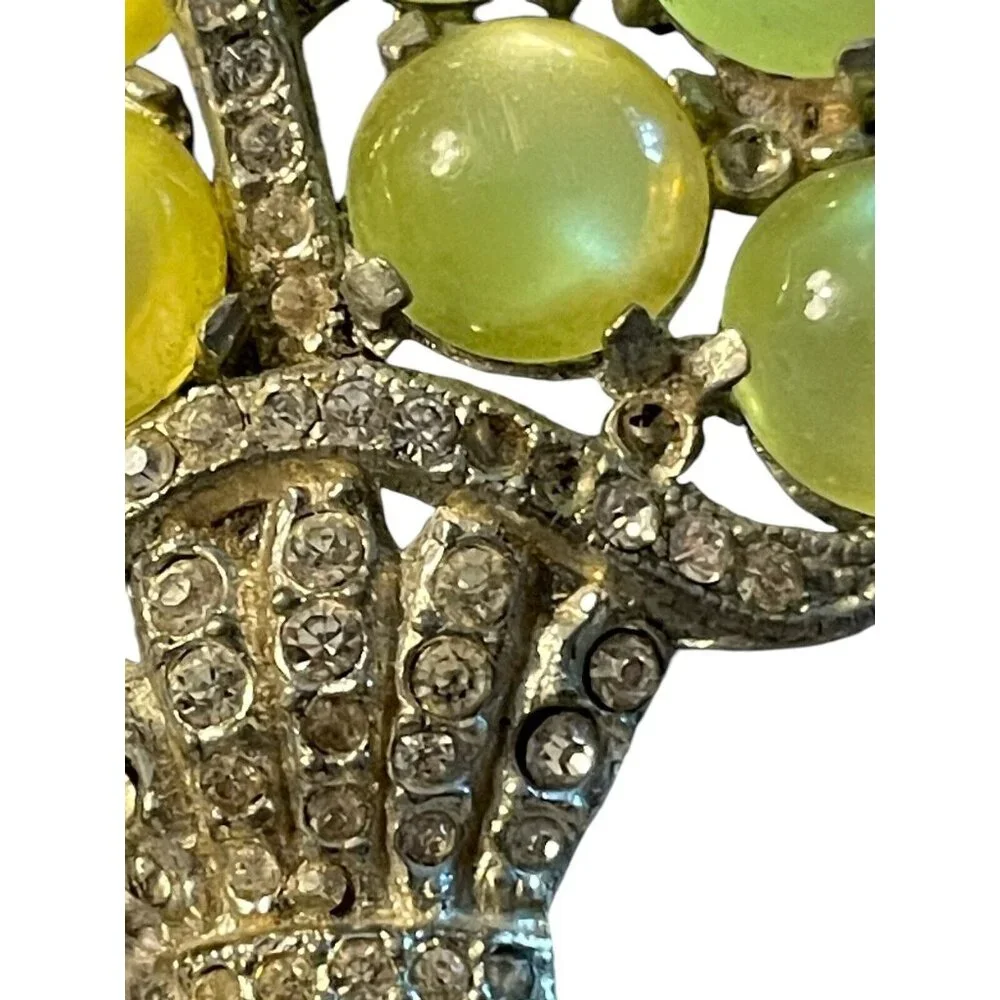 CORO Unsigned Yellow Moonstone Lucite Basket‎ Brooch Rhinestones Vintage READ